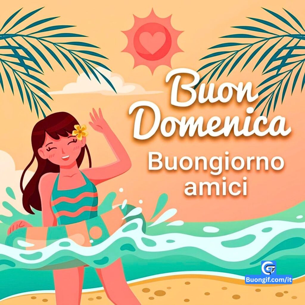 Donna vettoriale con salvagente che saluta e testo Buon Domenica e Buongiorno amici.