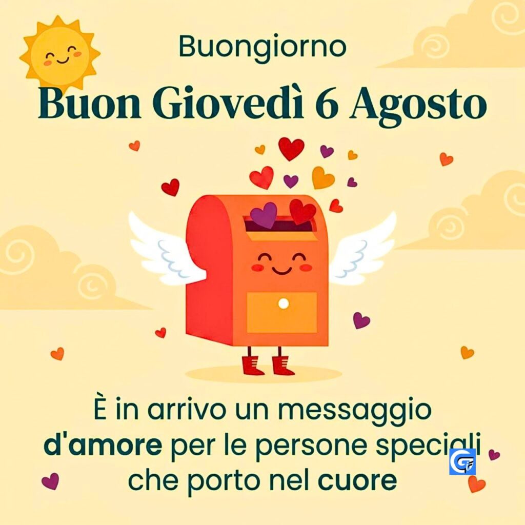 Cassetta postale alata con sorriso che lancia cuori e testo Buon Giovedì 6 Agosto.