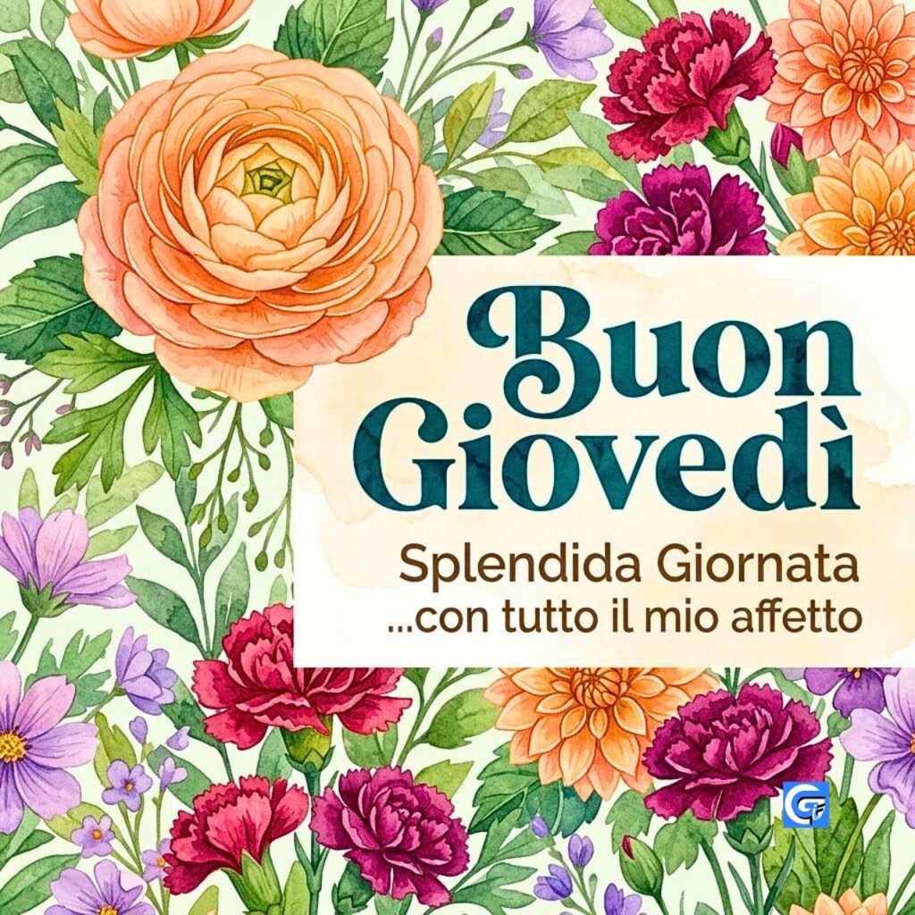 Bouquet acquerello fresco con testo Buon Giovedì Splendida Giornata con affetto.