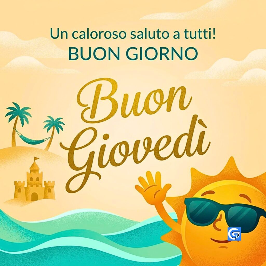 Un caloroso saluto a tutti! BUON GIORNO Buon Giovedì sole con occhiali da sole su spiaggia vettoriale.
