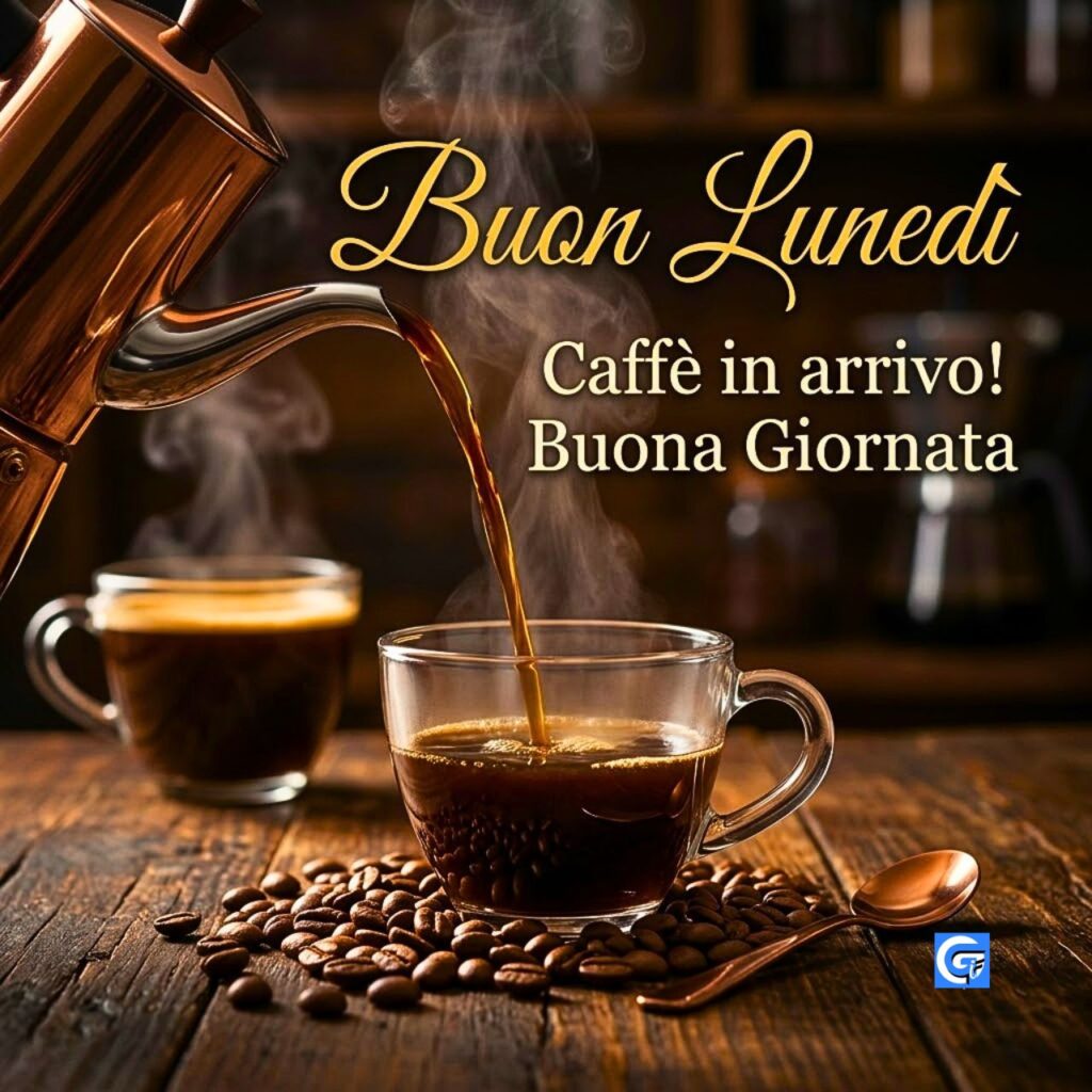 Tazza di vetro con caffè versato, chicchi, testo "Buon Lunedì", "Caffè in arrivo!", "Buona Giornata".
