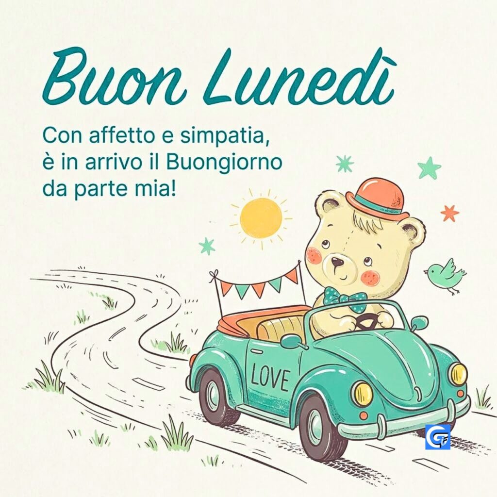 Illustrazione di un orsetto in auto d'epoca con testo 'Buon Lunedì' e auguri di 'Buongiorno'.