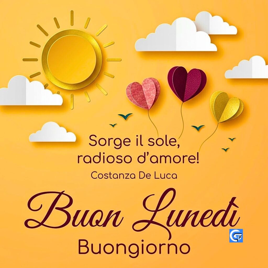 Sole cuori e palloncini papercut con testo Buon Lunedì e Buongiorno.