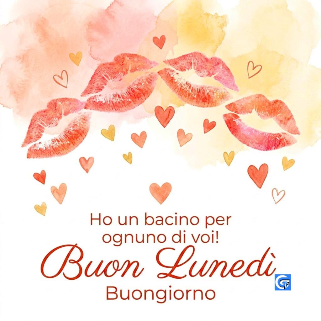 Cartolina d'auguri acquerello con baci di corallo, cuori sparsi e scritte Buon Lunedì.