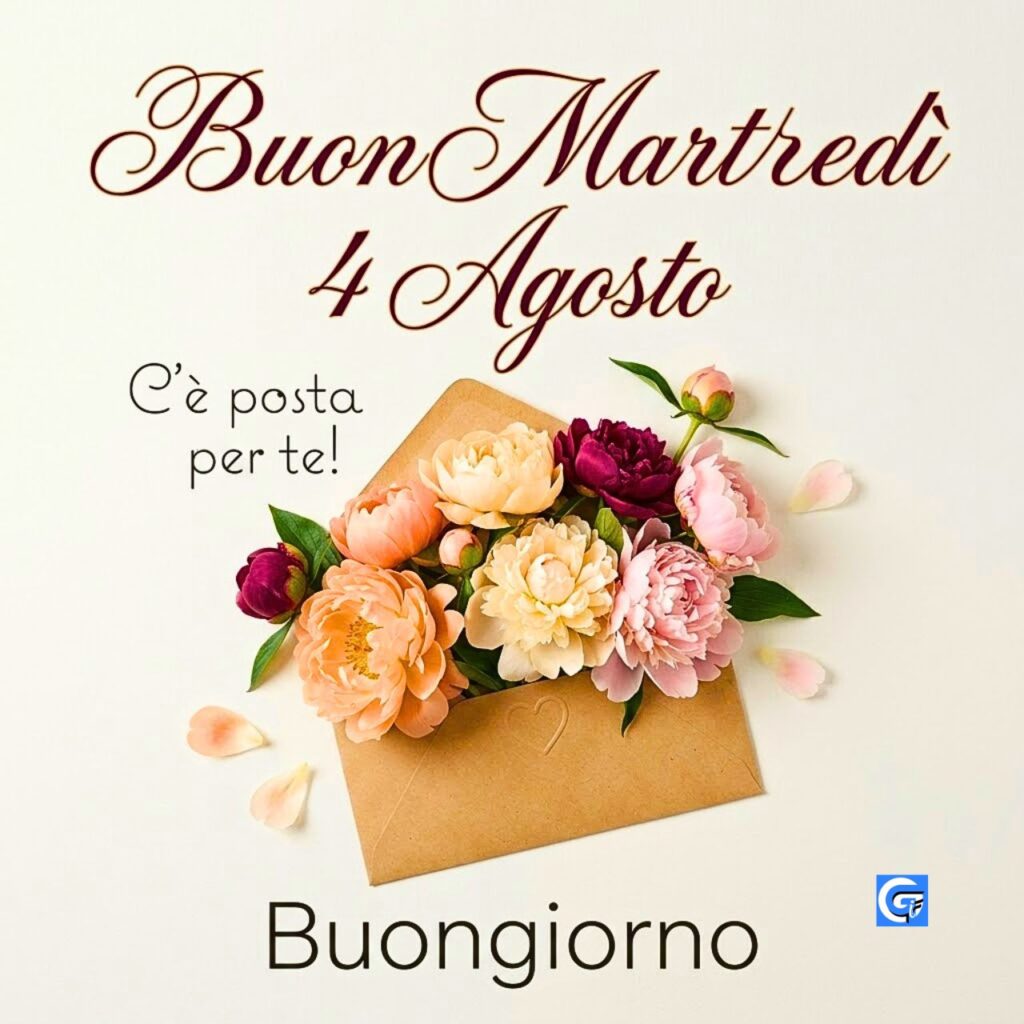 Busta kraft con peonie, Buon Marted&igrave; 4 Agosto, C'&egrave; posta per te, Buongiorno.