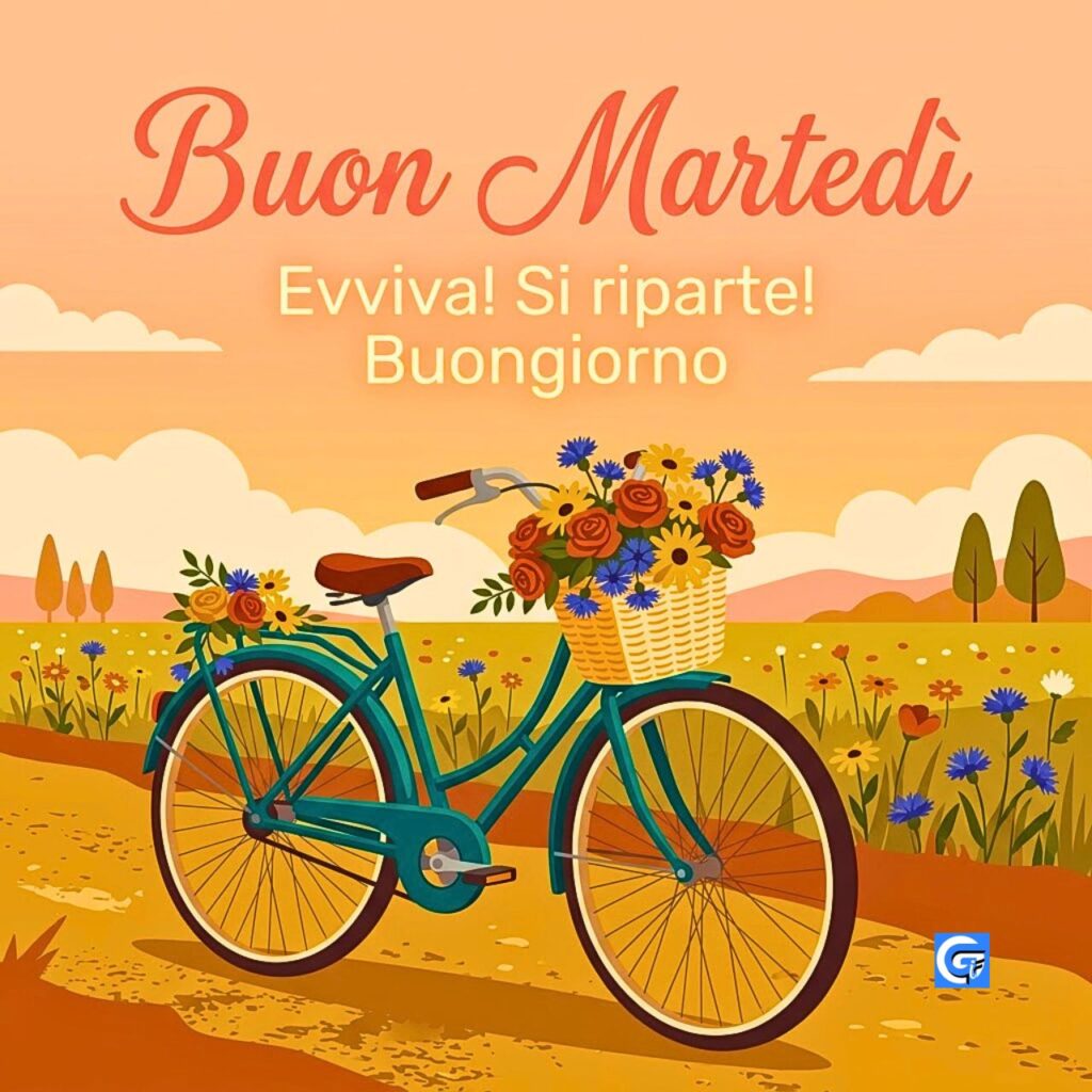 Bicicletta teal vintage con cesto di fiori su sentiero e testo Buon Marted&igrave;, Evviva! Si riparte! Buongiorno.