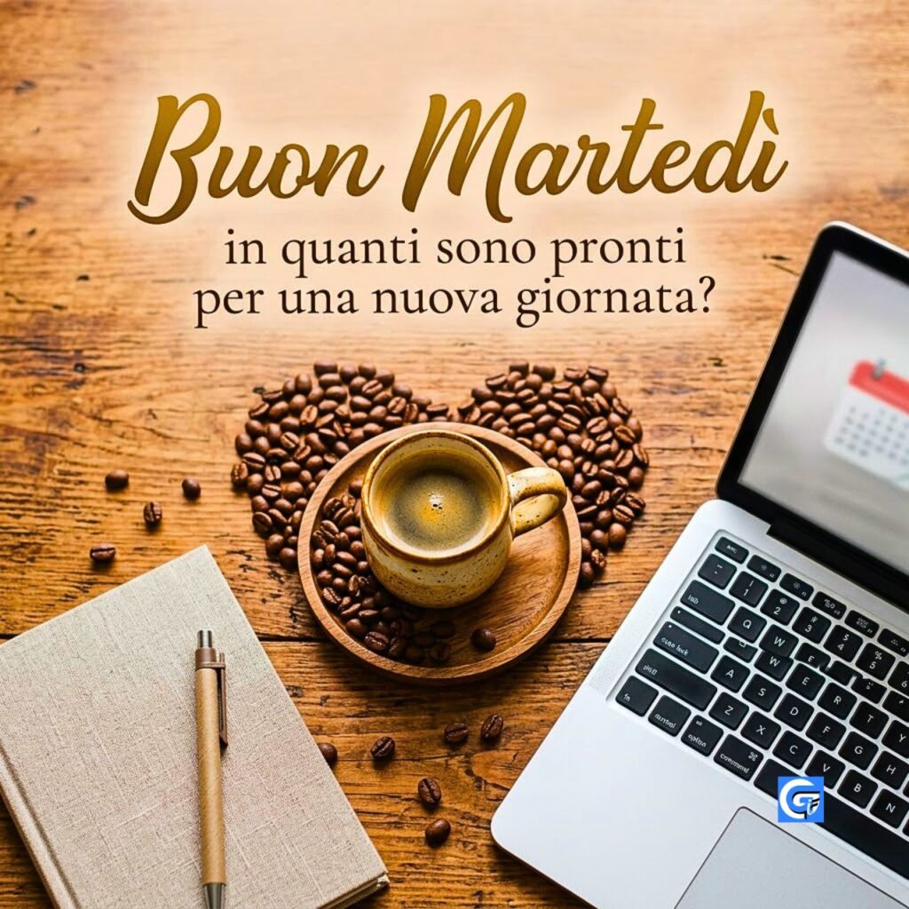 Foto dall'alto con tazza di caff&egrave;, chicchi tostati e laptop su tavolo in legno con testo italiano.