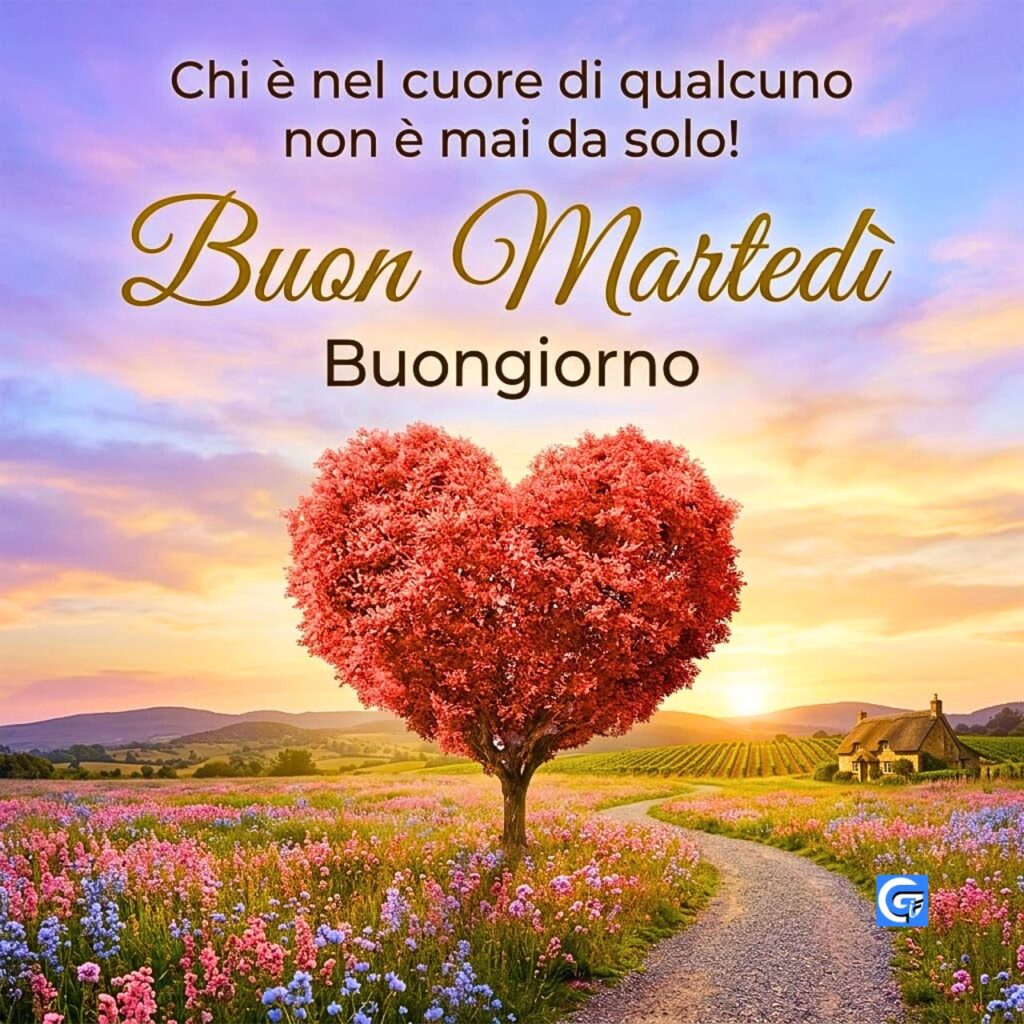 Albero a cuore su sentiero fiorito con scritte Buon Marted&igrave; e Buongiorno.