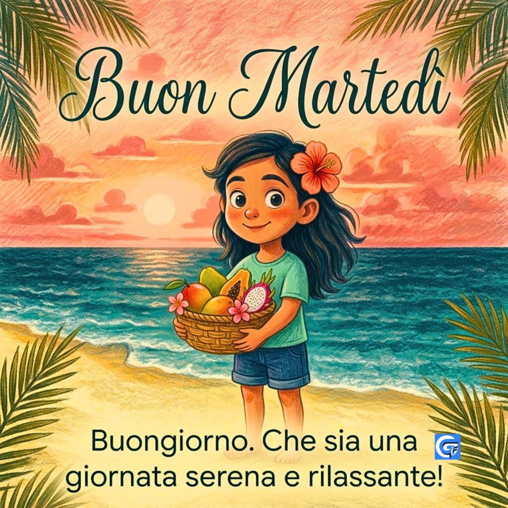 Una bambina con un cesto di frutta su una spiaggia al tramonto, con il testo Buon Marted&igrave; Buongiorno e Che sia una giornata serena e rilassante!