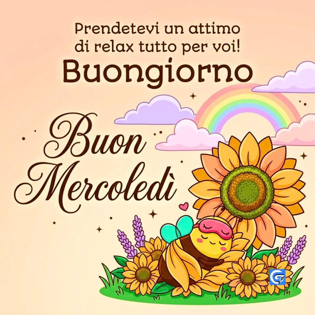 Ape addormentata su un letto di petali di girasole con testo Buon Mercoledì e Buongiorno.