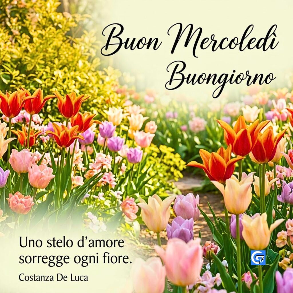 Campo di tulipani variopinti con testo Buon Mercoledì Buongiorno e citazione poetica sull'amore.