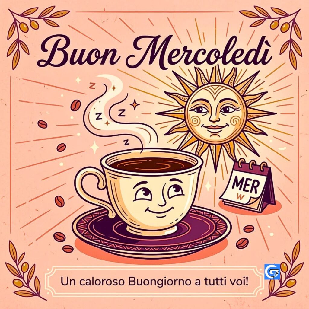 Tazza sorridente, sole, calendario, testo Buon Mercoledì, Buongiorno a tutti.