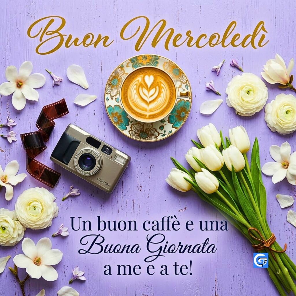 Tazza di latte con cuore, fotocamera vintage e tulipani, con Buon Mercoledì e Buona Giornata.