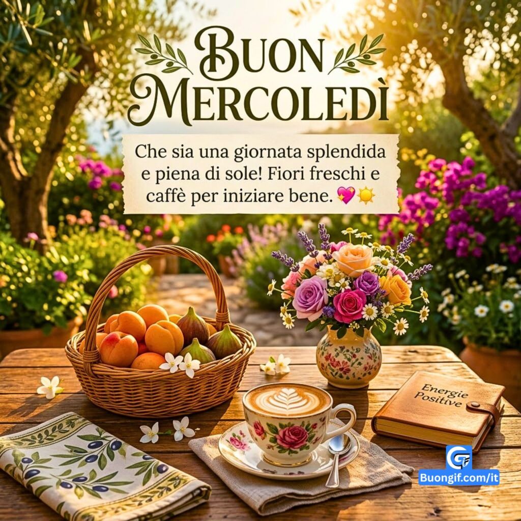 Una tavola apparecchiata in un giardino soleggiato con rose, lavanda, frutta e la scritta Buon Mercoledì.