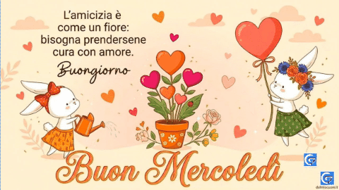 Coniglietti e fiori. Testo: L'amicizia è come un fiore, bisogna prendersene cura.