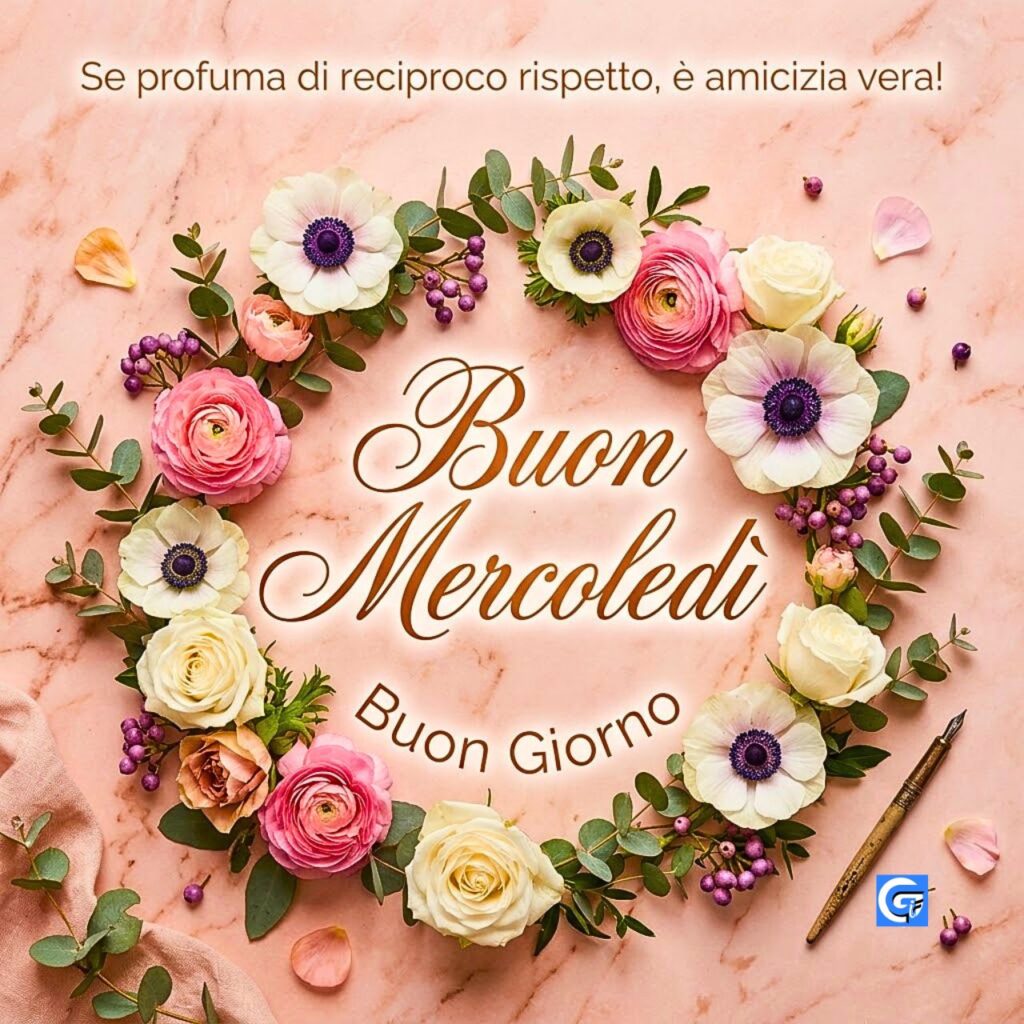 Corona di ranuncoli e anemoni su marmo rosa con testo Buon Mercoledì e citazione amicizia.