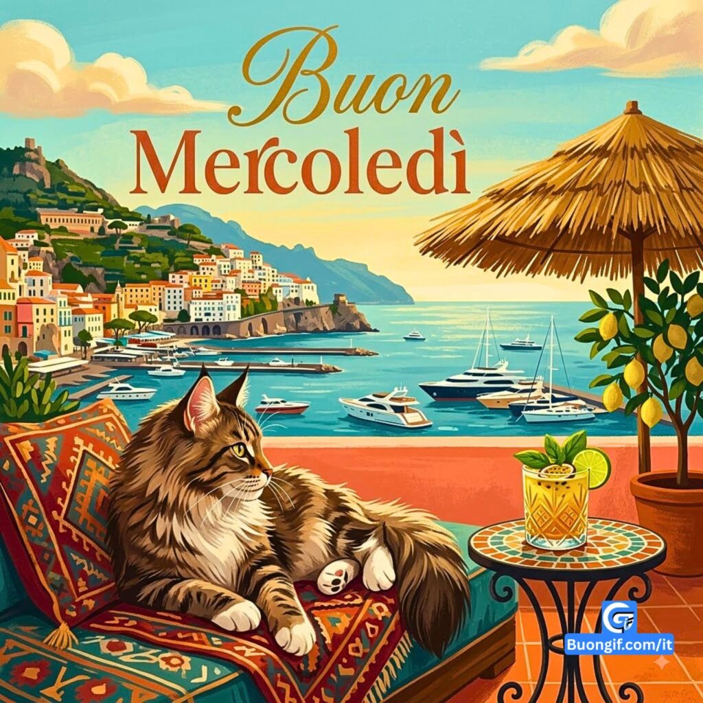Gatto riposa su una terrazza costiera vista mare con cocktail e scritta Buon Mercoledì.
