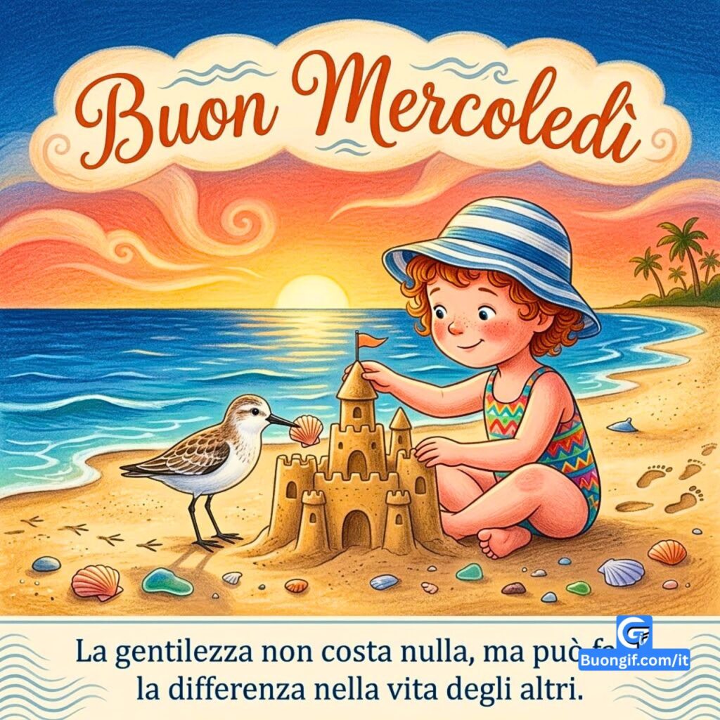 Bambina e uccellino costruiscono un castello di sabbia con la scritta Buon Mercoledì.
