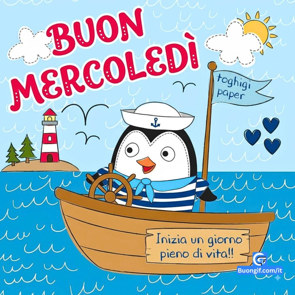 Pinguino marinaio al timone di una barca con la scritta Buon Mercoledì e un faro distante.