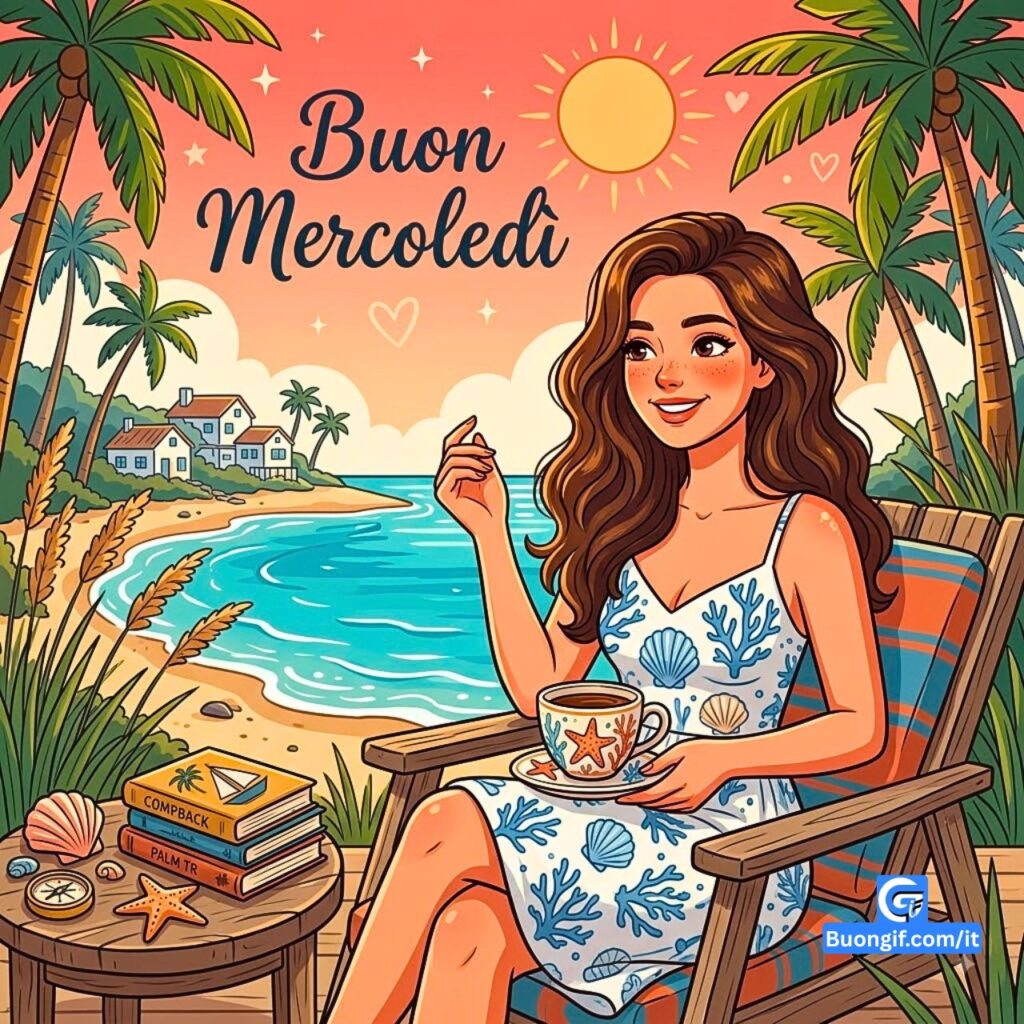 Giovane donna beve caffè sorridente sulla spiaggia al tramonto con scritta Buon Mercoledì.