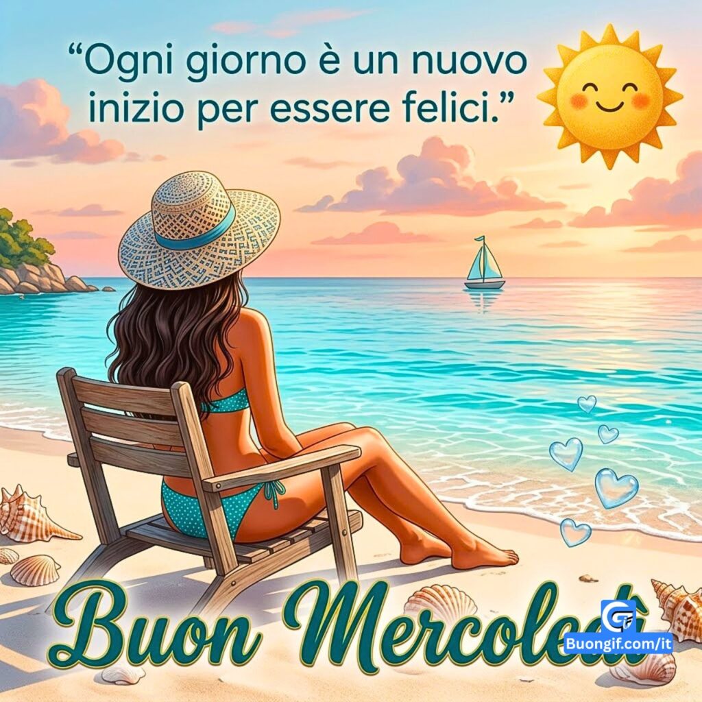 Donna seduta in spiaggia ammirando il mare al tramonto con la scritta Buon Mercoledì.