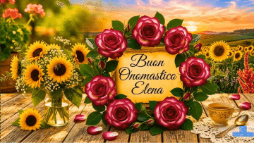 Girasoli e rose bicolori bordeaux circondano un'insegna con testo script "Buon Onomastico Elena" al tramonto.