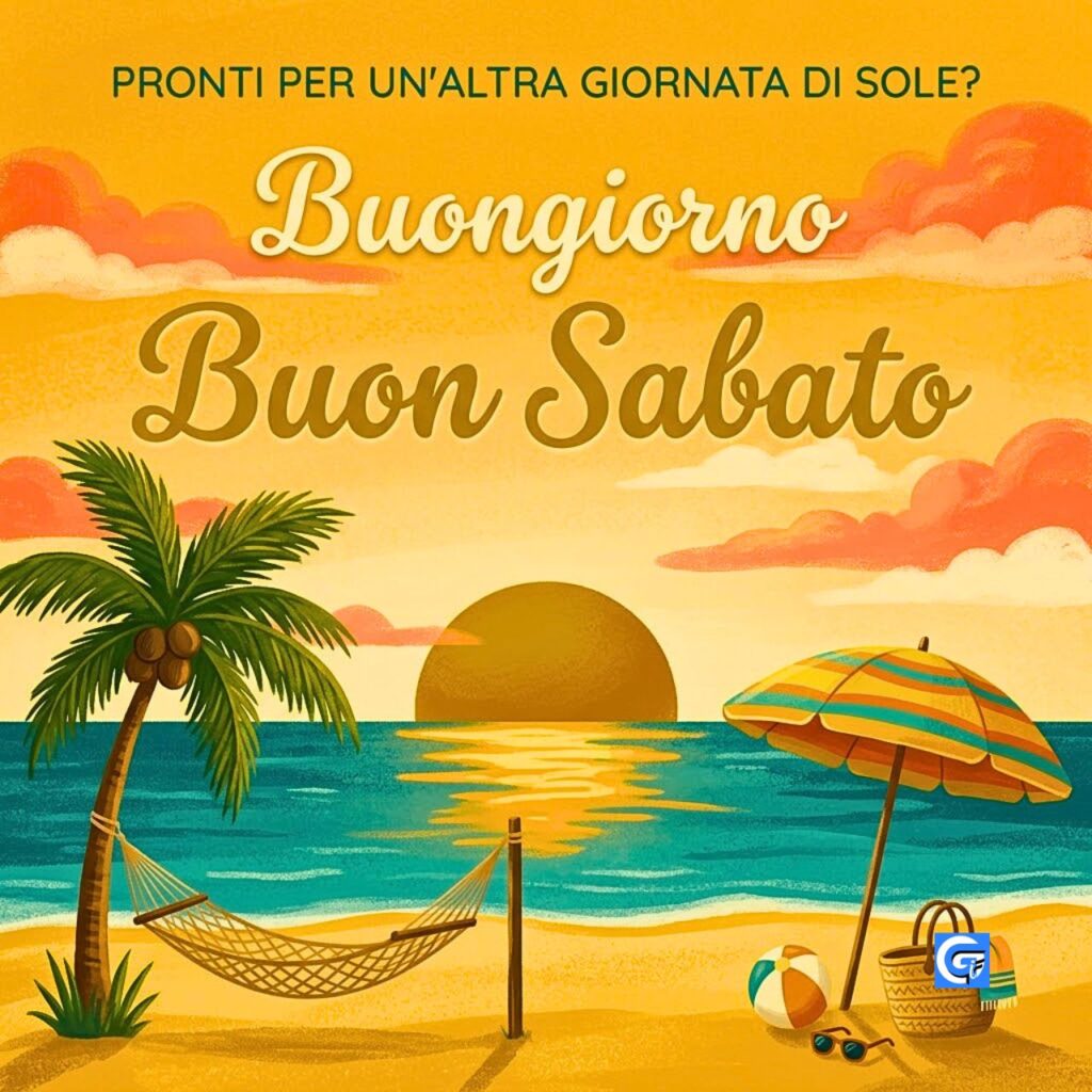 Illustrazione vintage di spiaggia al tramonto con amaca, ombrellone e scritte "Buongiorno Buon Sabato".