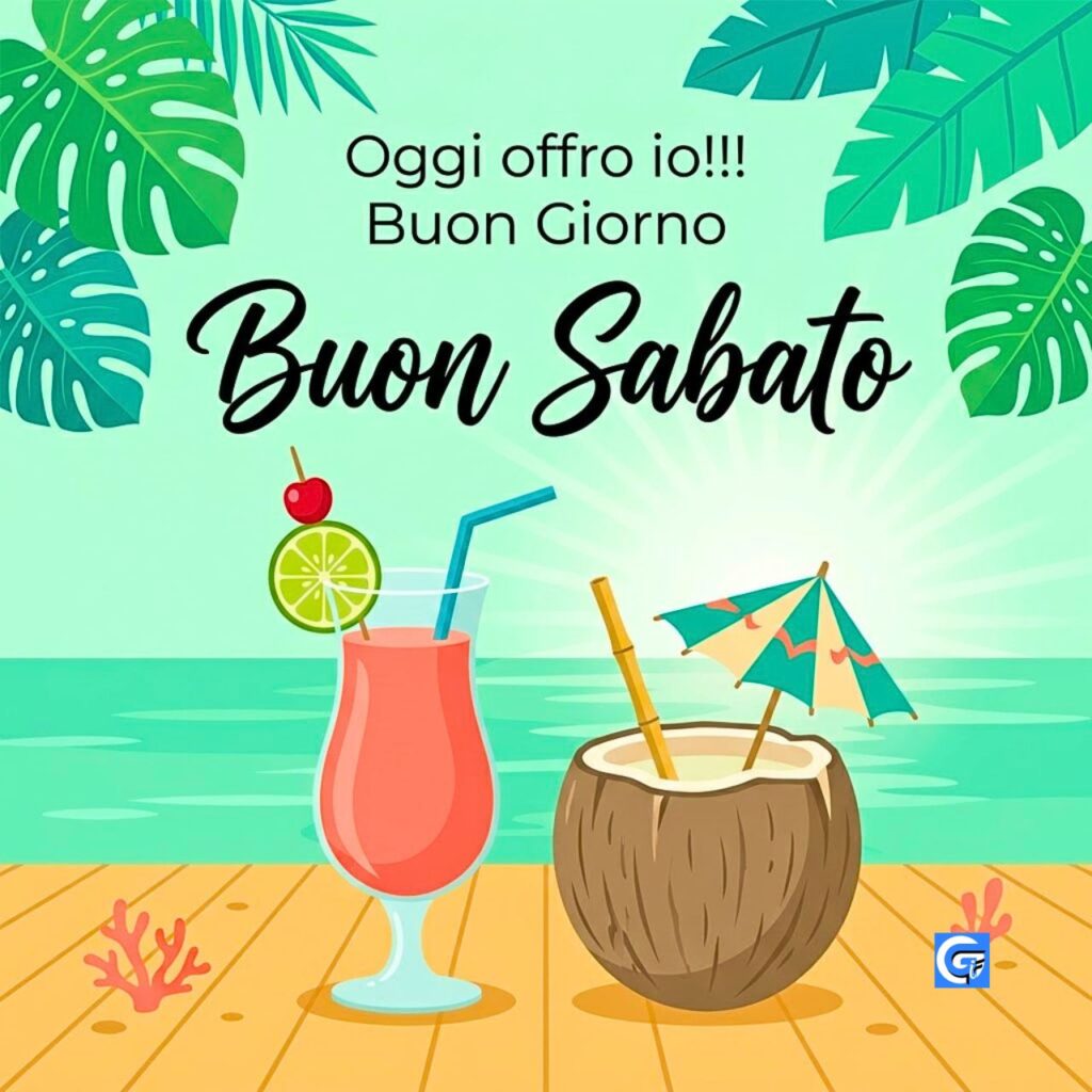 Cocktail rosa e cocco su molo con testo Buon Giorno e Buon Sabato.