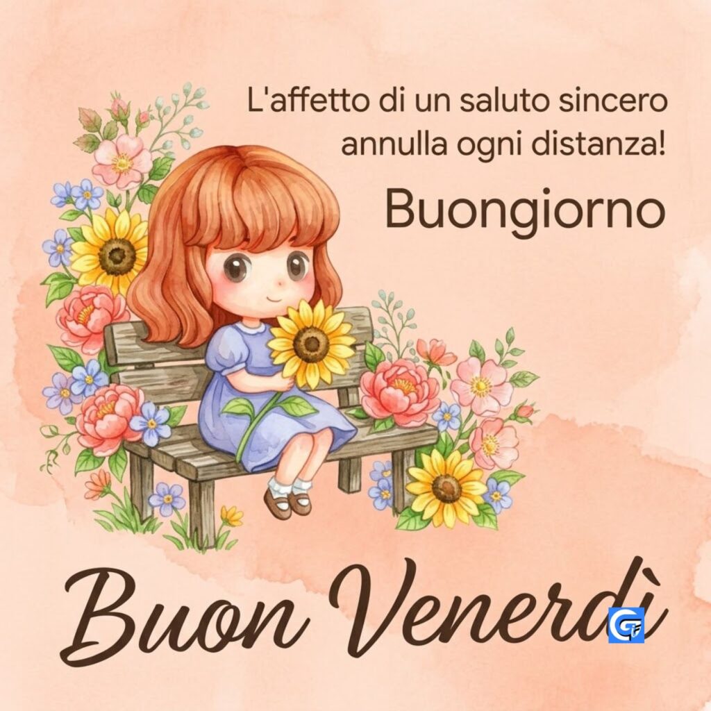 Acquarello con ragazza, girasoli, peonie e testo Buon Venerd&igrave;, Buongiorno, L'affetto...