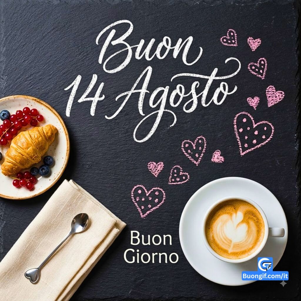 Tazzina di caff&egrave;, cuori rosa e testo Buon Venerd&igrave; 14 Agosto su lavagna