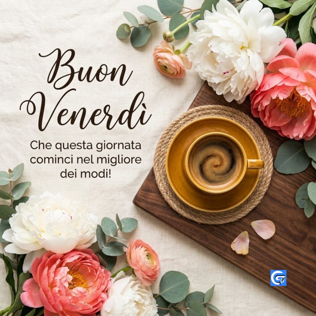 Tazza di caff&egrave;, peonie rosa e bianche e testo: Buon Venerd&igrave;. Che questa giornata cominci nel migliore dei modi!