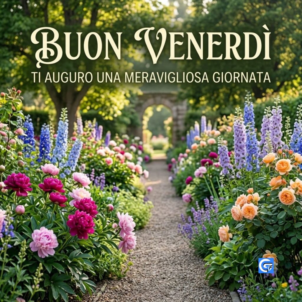 Vialetto in giardino fiorito con scritte 'BUON VENERD&Igrave;' e 'TI AUGURO UNA MERAVIGLIOSA GIORNATA'