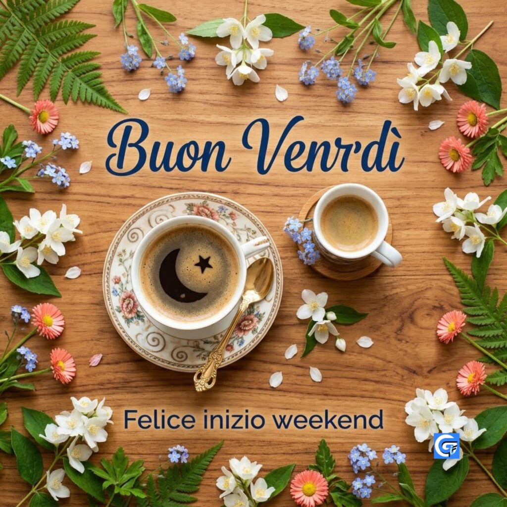 Tazze di caff&egrave; con arte della luna, fiori e scritte "Buon Venrd&igrave;", "Felice inizio weekend".