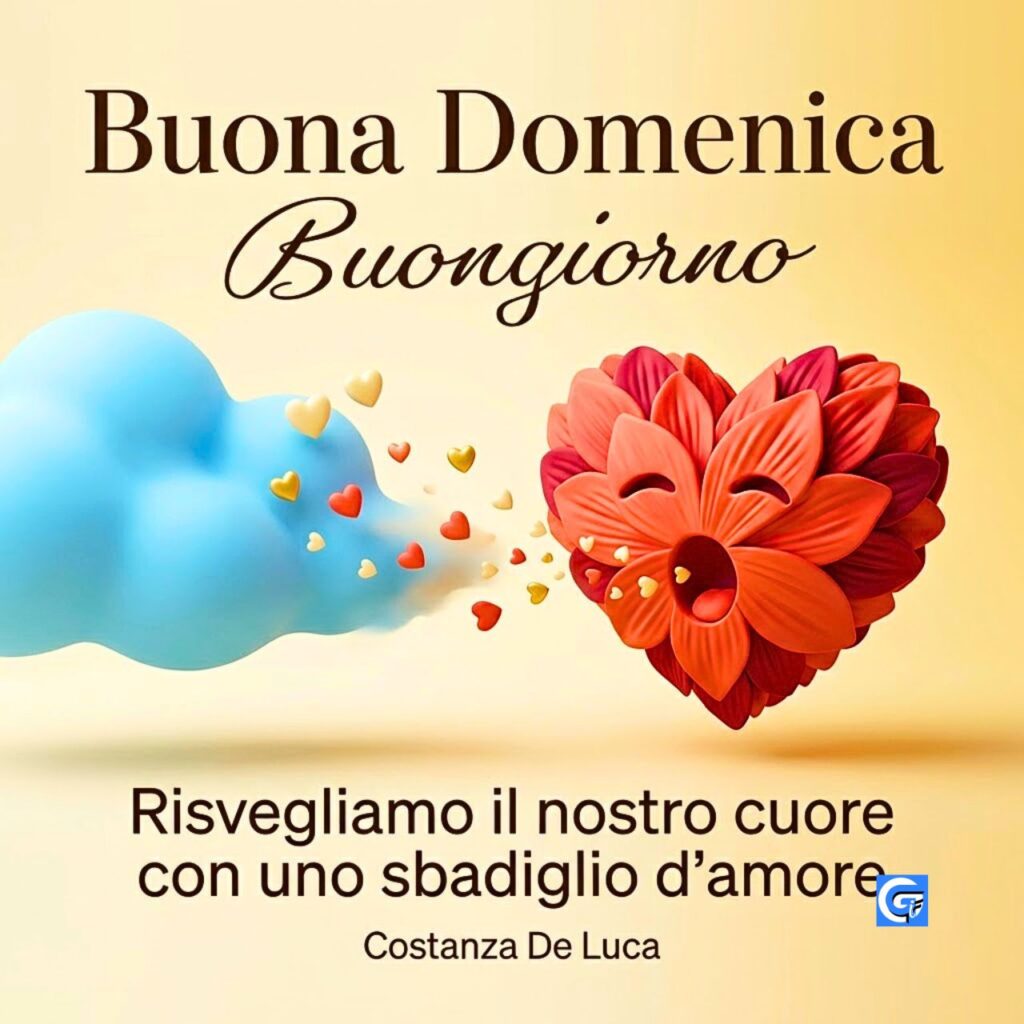 Cuore a forma di fiore che sbadiglia con cuori da nuvola. Testo: Buona Domenica, Buongiorno.