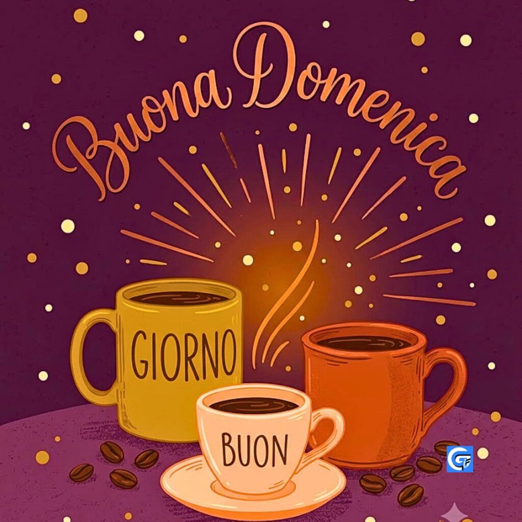 Tre tazze caff&egrave; retr&ograve;, chicchi e testo Buona Domenica, BUON, GIORNO.
