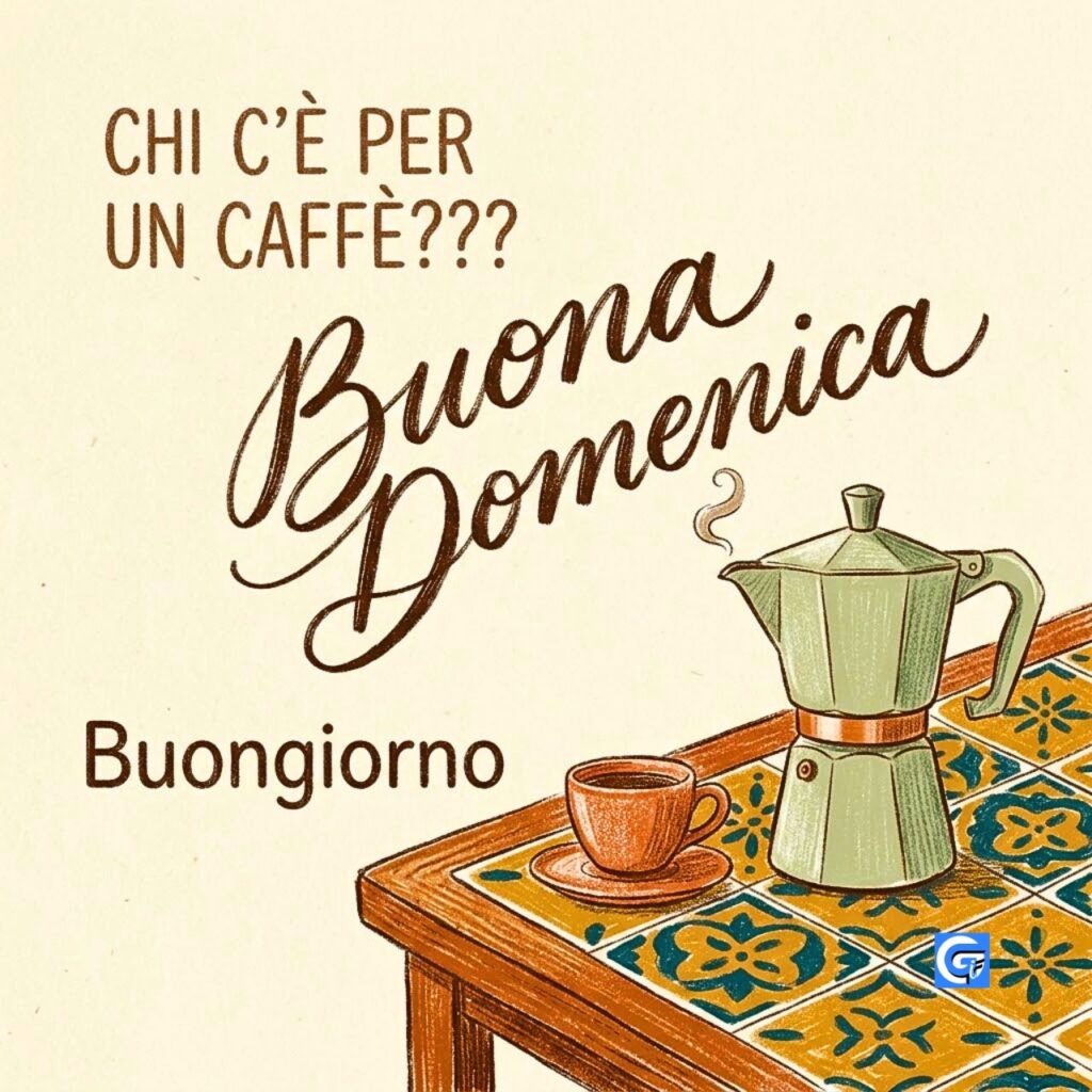 Moka pot e tazzina di caff&egrave; su tavolo, testo CHI C&rsquo;&Egrave; PER UN CAFF&Egrave;??? Buona Domenica Buongiorno.
