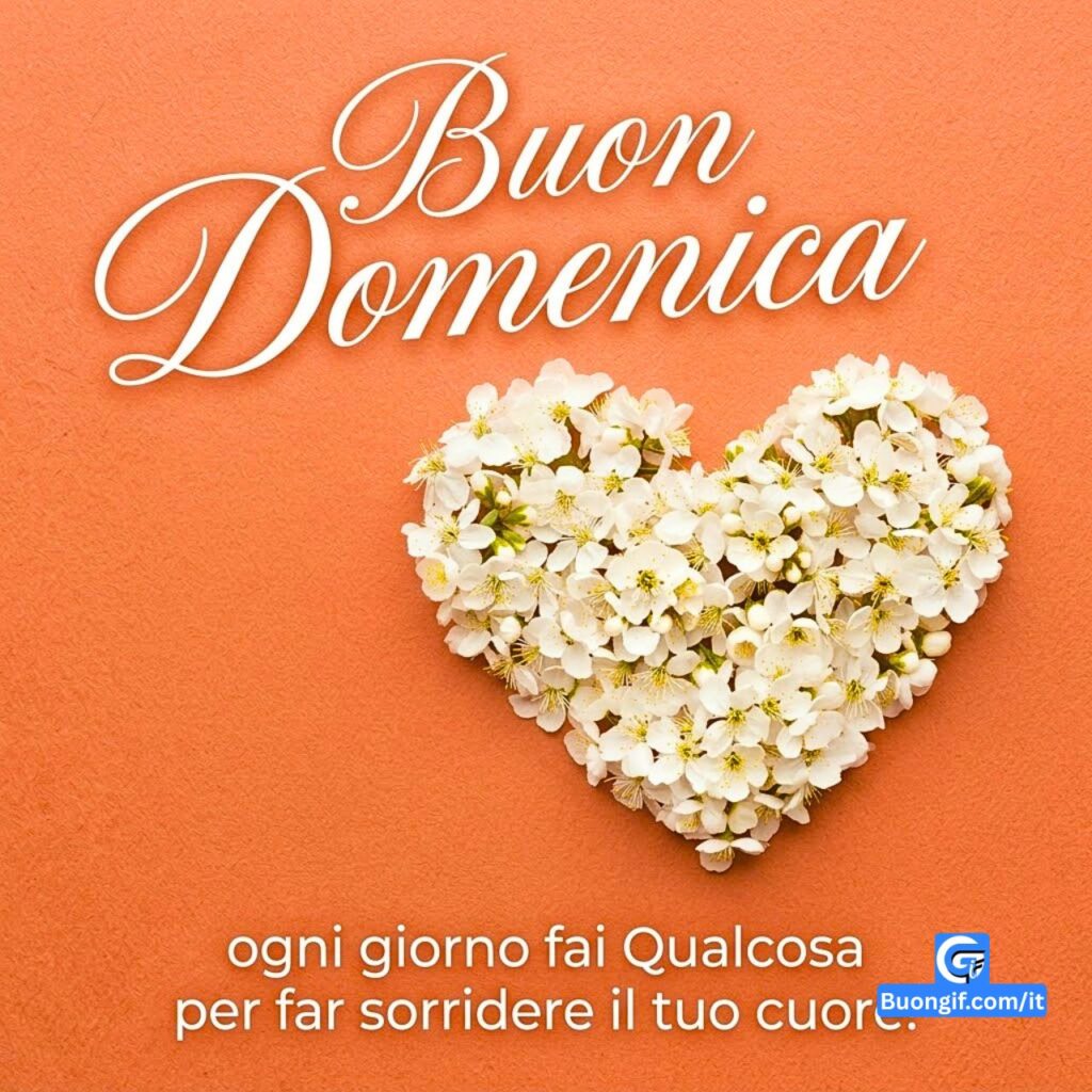 Cuore di fiori bianchi su sfondo terracotta con testo Buona Domenica, Buongiorno e citazione.