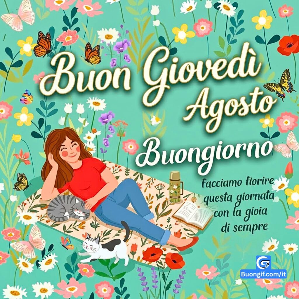 Illustrazione di una ragazza che fa picnic con due gatti tra i fiori.