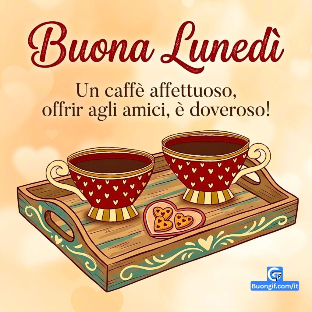 Vassoio vintage con due tazze di caff&egrave; decorative e biscotti a cuore, testo Buona Luned&igrave;.