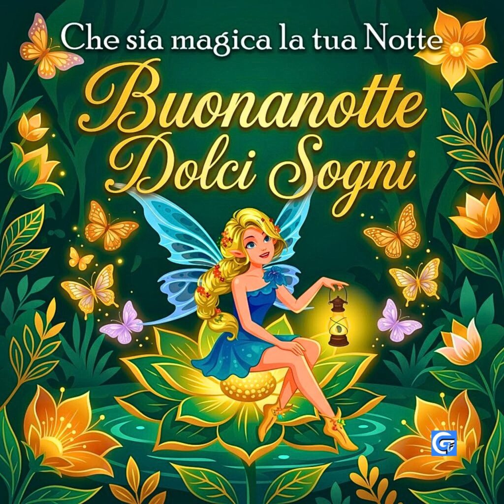 Fata bionda con ali blu seduta su un fiore di luna luminoso, circondata da farfalle scintillanti, con testo oro 'Buonanotte Dolci Sogni' e testo bianco 'Che sia magica la tua Notte' in alto.