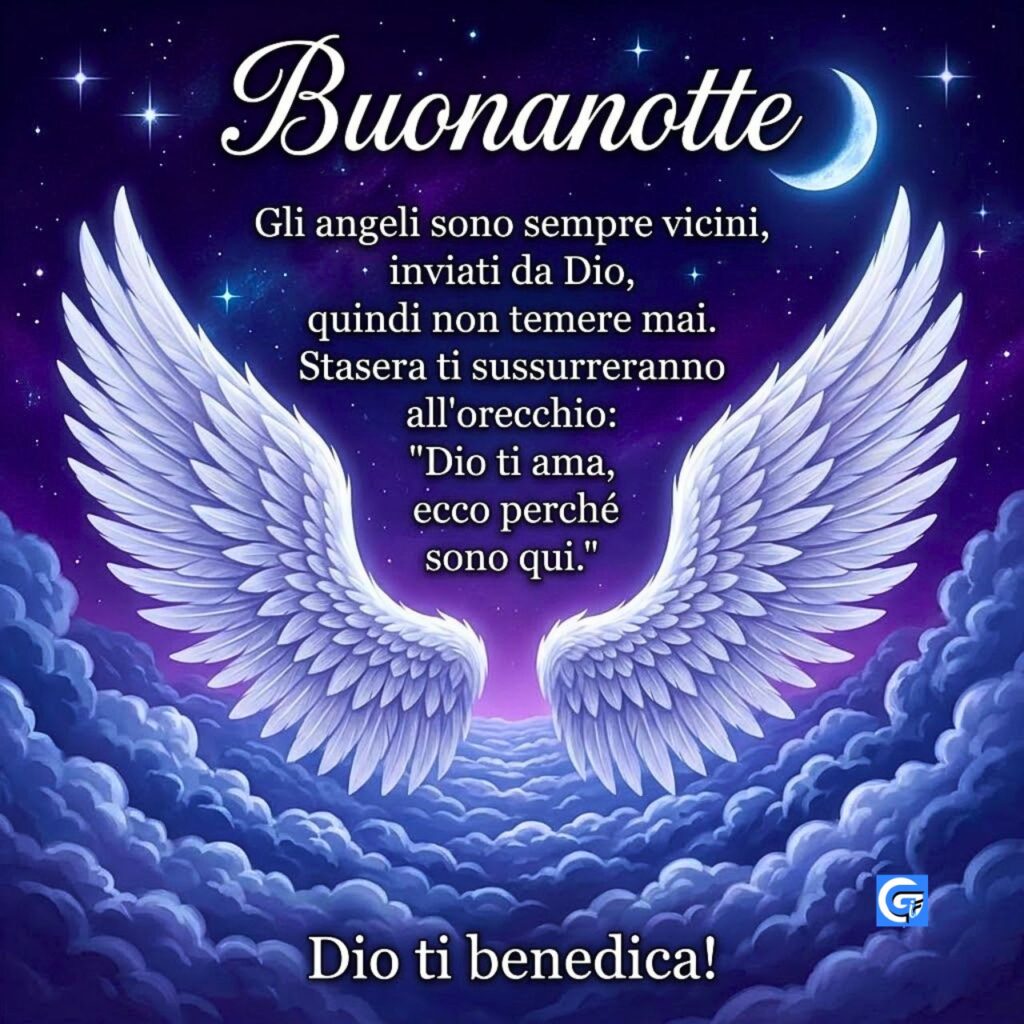 Ali di angelo bianche nel cielo notturno con testo Buonanotte e preghiera.