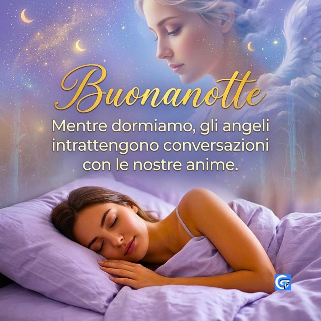 Donna addormentata serenamente, angelo etereo nel cielo, testo 'Buonanotte' e frase 'Mentre dormiamo...'