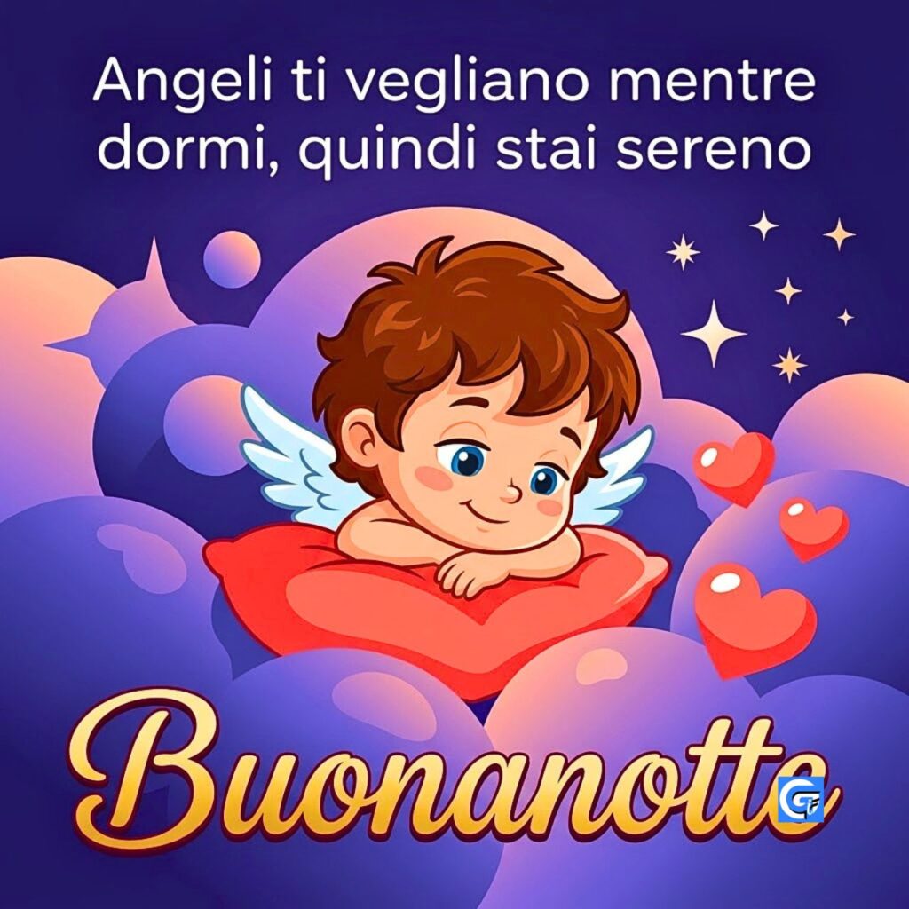 Un simpatico angelo cartone animato su un cuscino a cuore coral-red circondato da sfere twilight con testo gold Buonanotte.
