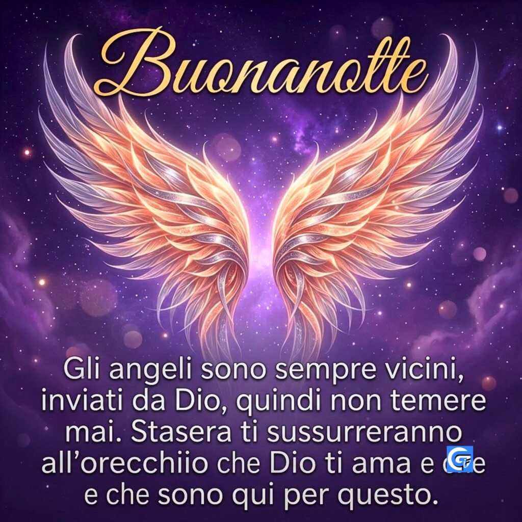 Ali d'angelo luminescenti con testo Buonanotte e messaggio spirituale in italiano.