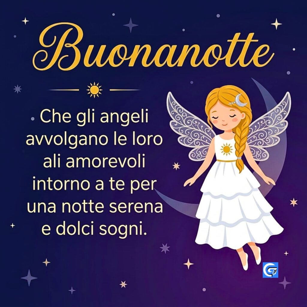 Angioletto biondo, ali modellate e scritte Buonanotte su sfondo notturno.