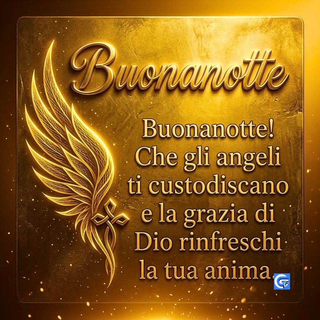 Placchetta dorata con ala luminosa, croce e testo "Buonanotte" con benedizione