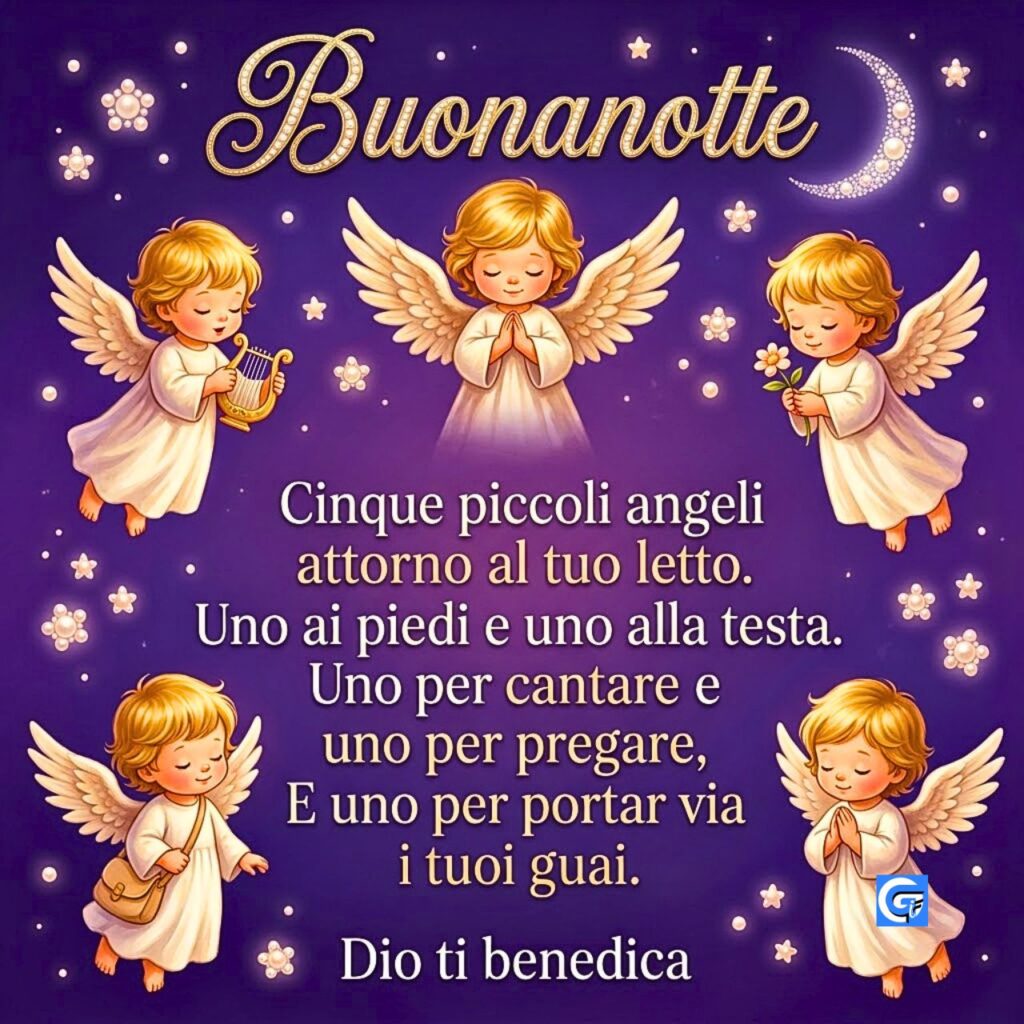 Cinque angioletti biondi e alati con preghiera e scritta Buonanotte su sfondo viola stellato