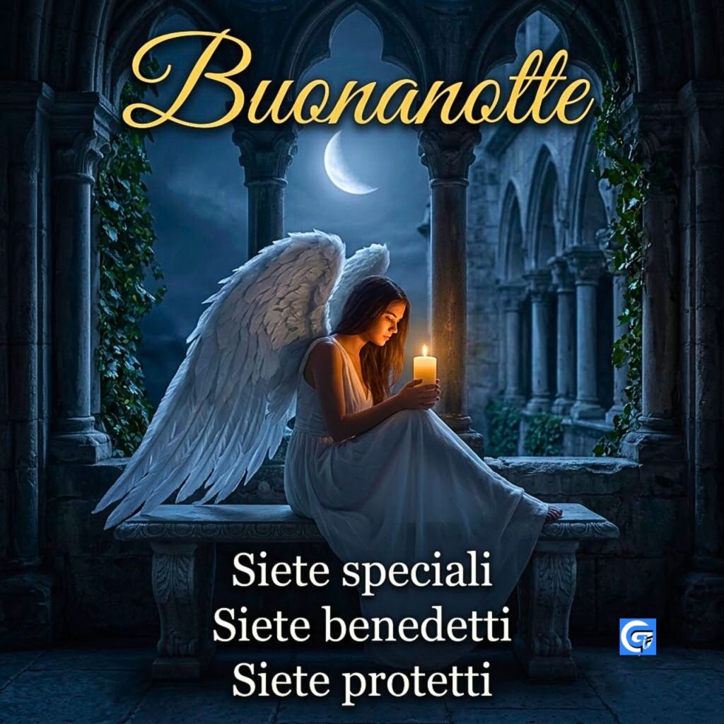Angelo con candela su pietra e testo "Siete speciali", "Siete benedetti", "Siete protetti", "Buonanotte".