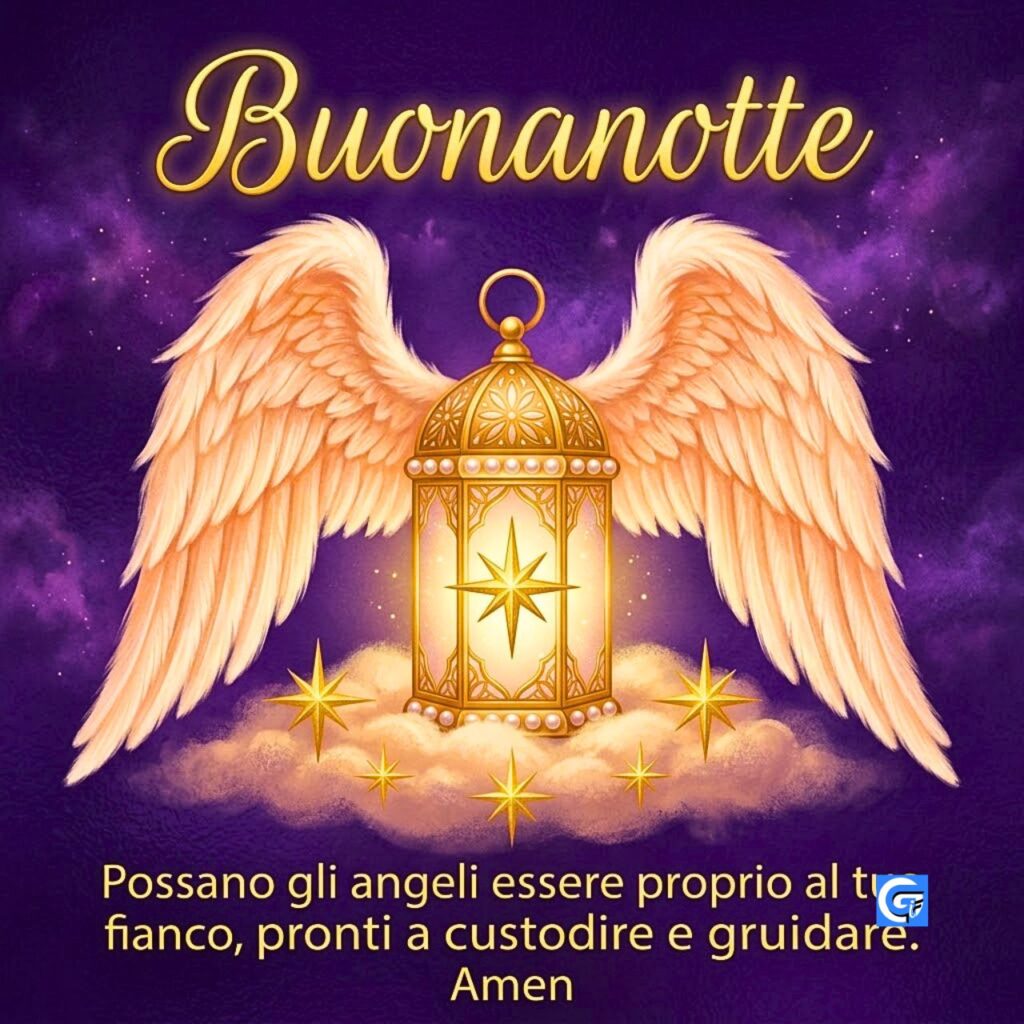 Buonanotte, ali di angelo color avorio e pesca con preghiera e stelle d'oro su cielo viola vellutato.