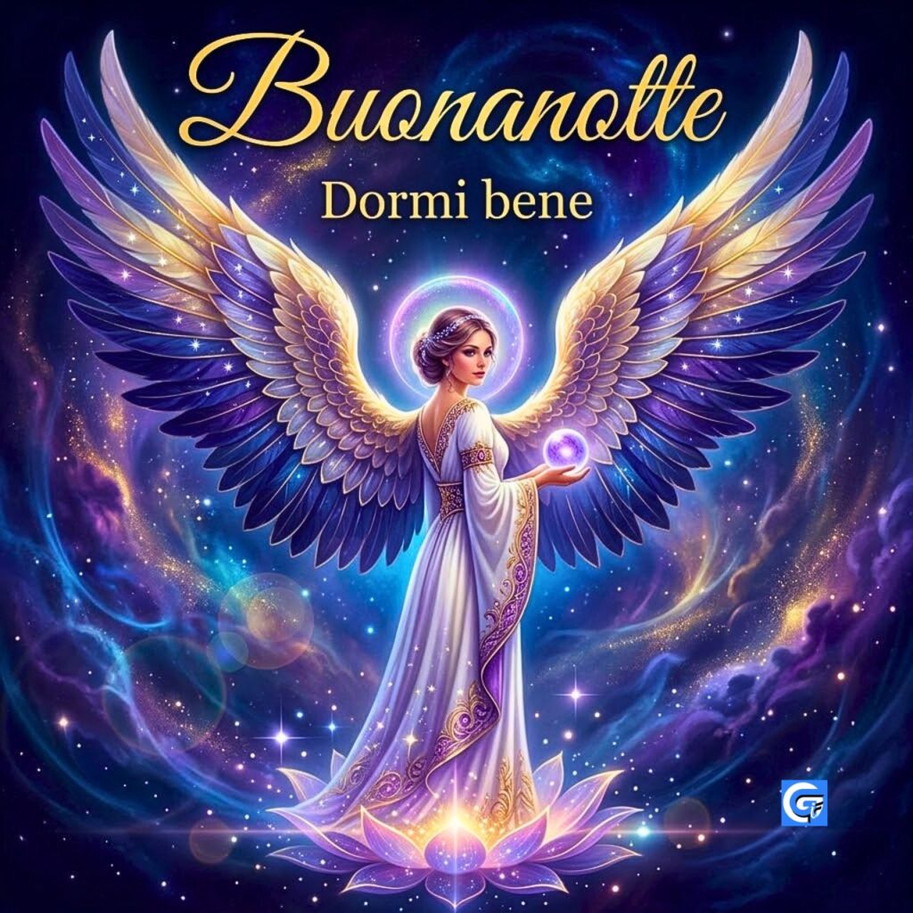 Angelo con ali viola e blu, orbita su loto cosmico e testo "Buonanotte Dormi bene".
